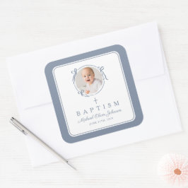 Elegante Stofblauwe Jongensfoto Doop Vierkante Sticker