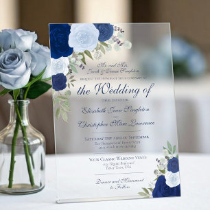 Elegante Stofblauwe & Marine Rozen Formele Trouwda Acryl Uitnodigingen