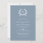 Elegante Stofblauwe Monogram Foto Overlay Bruiloft Kaart (Voorkant)