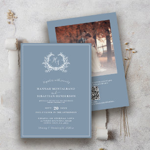 Elegante Stofblauwe Monogram Foto Overlay Bruiloft Kaart