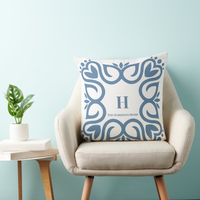 Elegante Stofblauwe Monogram Script Kussen (Stoel)