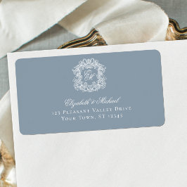 Elegante Stofblauwe Monogram Wapen Huwelijksadres Etiket