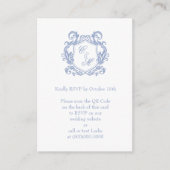 Elegante Stofblauwe Monogram Wapen QR Code RSVP Informatiekaartje (Voorkant)