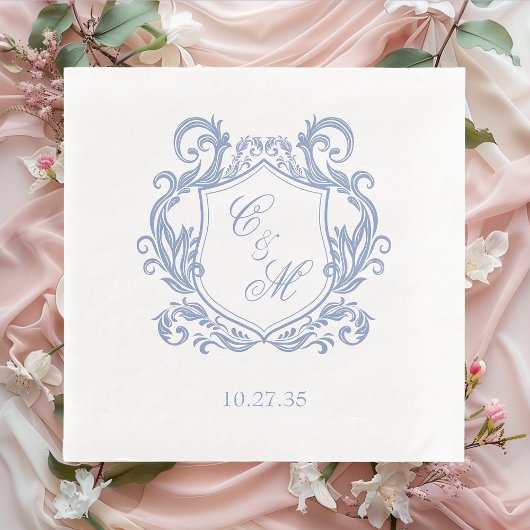 Elegante Stofblauwe Monogram Wapenschild Trouw Servet