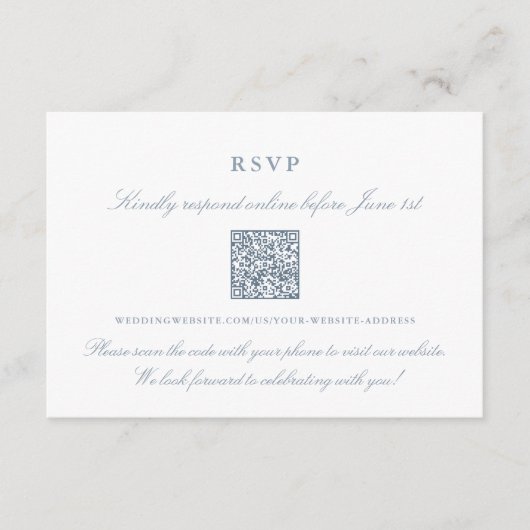 Elegante Stofblauwe Online RSVP QR Code Informatiekaartje (Voorkant)