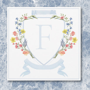 Elegante Stofblauwe Pastel Wilde Bloem Crest Bruil Bedankkaart