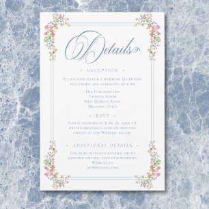 Elegante Stofblauwe Pastel Wilde Bloem Crest Bruil Informatiekaartje