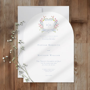 Elegante Stofblauwe Pastel Wilde Bloem Crest Bruil Kaart