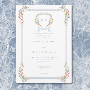 Elegante Stofblauwe Pastel Wilde Bloem Crest Bruil Kaart