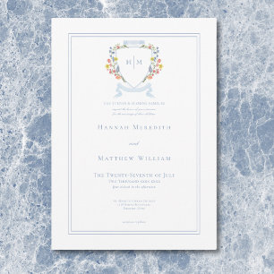 Elegante Stofblauwe Pastel Wilde Bloem Crest Bruil Kaart