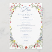 Elegante Stofblauwe Pastel Wilde Bloem Crest Bruil Menu (Voorkant)