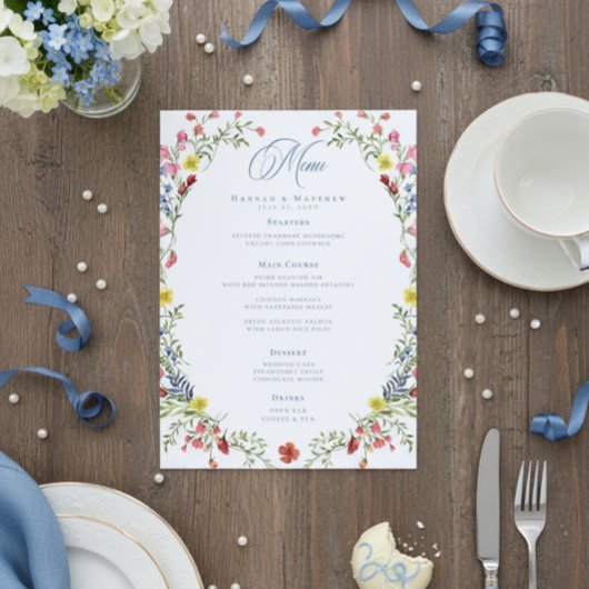 Elegante Stofblauwe Pastel Wilde Bloem Crest Bruil Menu