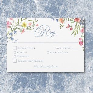 Elegante Stofblauwe Pastel Wilde Bloem Crest Bruil RSVP Kaartje