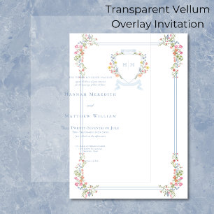 Elegante Stofblauwe Pastel Wilde Bloem Crest Bruil Vellum Uitnodigingen