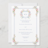 Elegante Stofblauwe Pastel Wilde Bloem Crest Trouw Kaart (Voorkant)