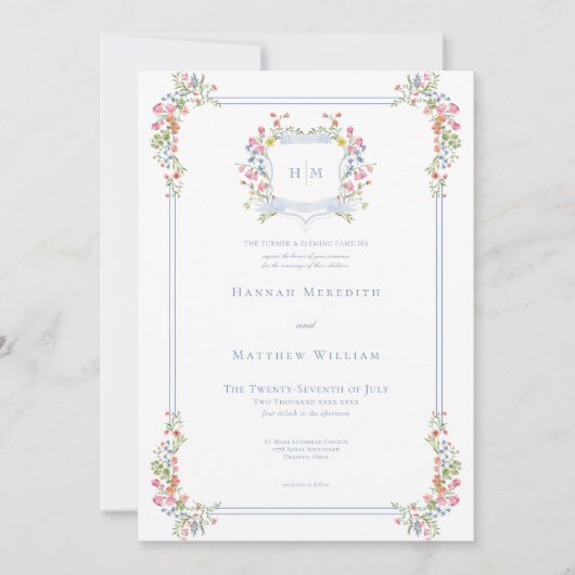 Elegante Stofblauwe Pastel Wilde Bloem Crest Trouw Kaart (Voorkant)