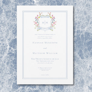 Elegante Stofblauwe Pastel Wilde Bloem Crest Trouw Kaart