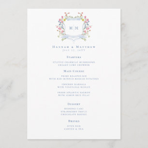 Elegante Stofblauwe Pastel Wilde Bloem Wapen Huwel Menu