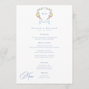 Elegante Stofblauwe Pastel Wilde Bloem Wapen Huwel Menu