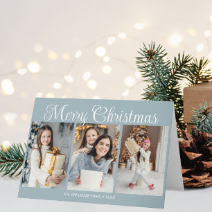 Elegante Stofblauwe Prettig Kerstmis Foto Collage Feestdagen Kaart