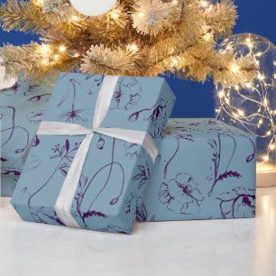 Elegante Stofblauwe & Pruim Botanische Lijnkunst Cadeaupapier
