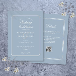 Elegante Stofblauwe QR Code Art Deco Bruiloft Kaart