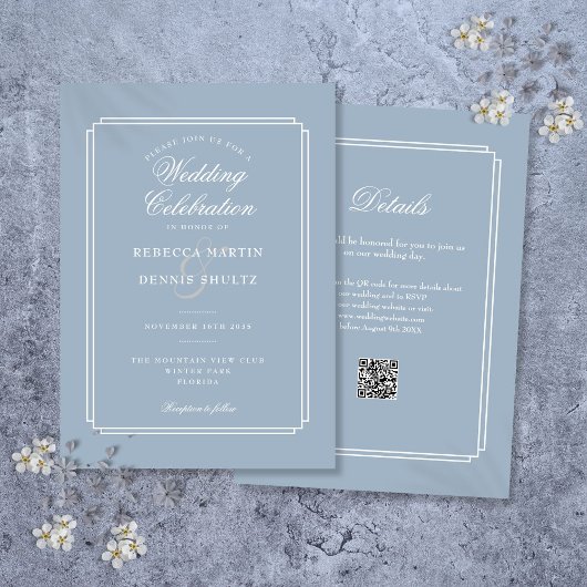 Elegante Stofblauwe QR Code Art Deco Bruiloft Kaart