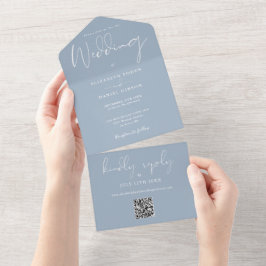 Elegante Stofblauwe QR Code Monogram Huwelijk All In One Uitnodiging
