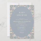 Elegante Stofblauwe QR Code Wilde Bloem Baby Showe Kaart (Voorkant)