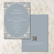 Elegante Stofblauwe QR Code Wilde Bloem Baby Showe