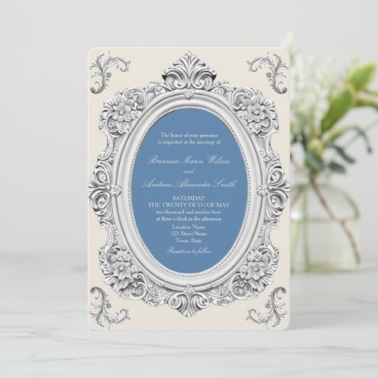 Elegante Stofblauwe Rococo Bruiloft Kaart (Staand voorkant)