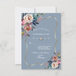 Elegante Stofblauwe Roze Bloemige Gouden Bruiloft RSVP Kaartje