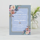 Elegante Stofblauwe Roze Bloemige Gouden Frame Tro Kaart (Staand voorkant)