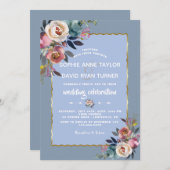 Elegante Stofblauwe Roze Bloemige Gouden Frame Tro Kaart (Voorkant / Achterkant)