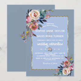 Elegante Stofblauwe Roze Bloemige Gouden Frame Tro Kaart