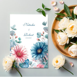 Elegante Stofblauwe Roze Gerbera Madelief Eucalypt Kaart