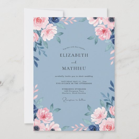 Elegante Stofblauwe Rozen Bruiloft Kaart (Voorkant)