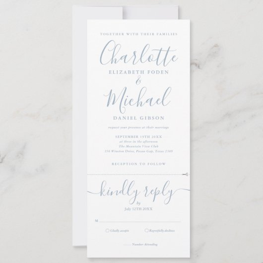 Elegante Stofblauwe Script All In One Trouw Uitnod Kaart (Voorkant)