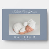 Elegante Stofblauwe Script Doop Foto Fotoplaat (voorkant)