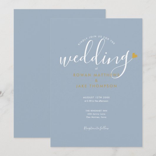 Elegante Stofblauwe Script Gouden Hart Trouwkaart Kaart (Voorkant / Achterkant)