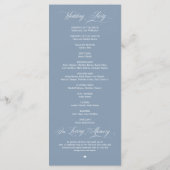 Elegante Stofblauwe Script Huwelijksceremonie Programmakaart (Achterkant)