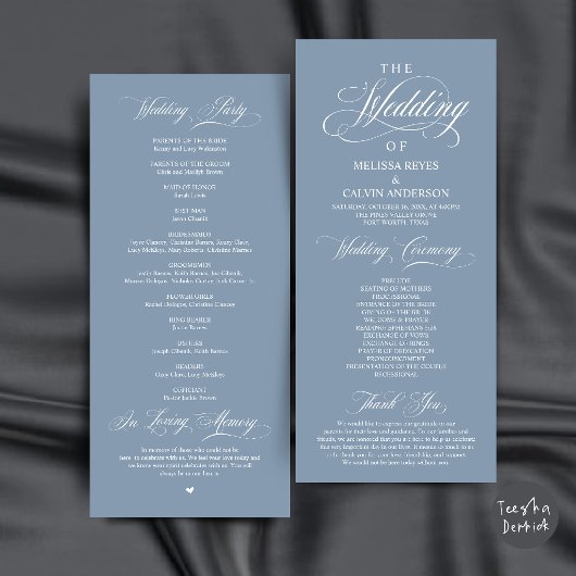 Elegante Stofblauwe Script Huwelijksceremonie Programmakaart