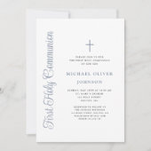 Elegante Stofblauwe Script Jongen Eerste Communie Kaart (Voorkant)