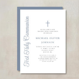 Elegante Stofblauwe Script Jongen Eerste Communie Kaart