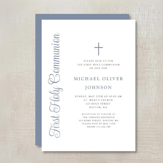 Elegante Stofblauwe Script Jongen Eerste Communie Kaart