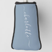 Elegante Stofblauwe Script Moderne Naam Persoonlij Golfheadcover (Draai 90)