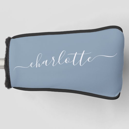 Elegante Stofblauwe Script Moderne Naam Persoonlij Golfheadcover (Voorkant)