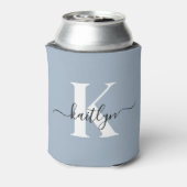 Elegante Stofblauwe Script Monogram Blikjeskoeler (Blikje Achterkant)