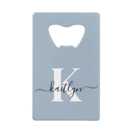 Elegante Stofblauwe Script Monogram Creditkaart Flessenopener