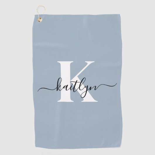 Elegante Stofblauwe Script Monogram Golfhanddoek (Voorkant)